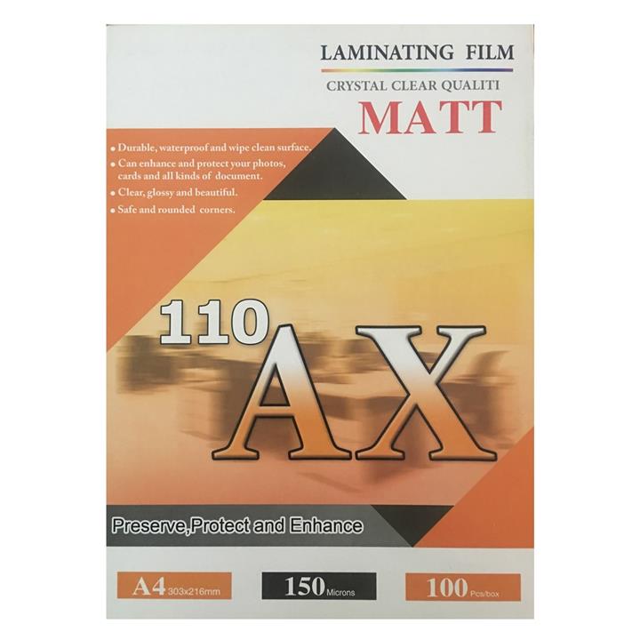 طلق پرس آ ایکس 110 مات مدل 150 میکرون سایز A4 بسته 100 عددی AX 110 Laminatin Film 150 Microns A4 Pack of 100